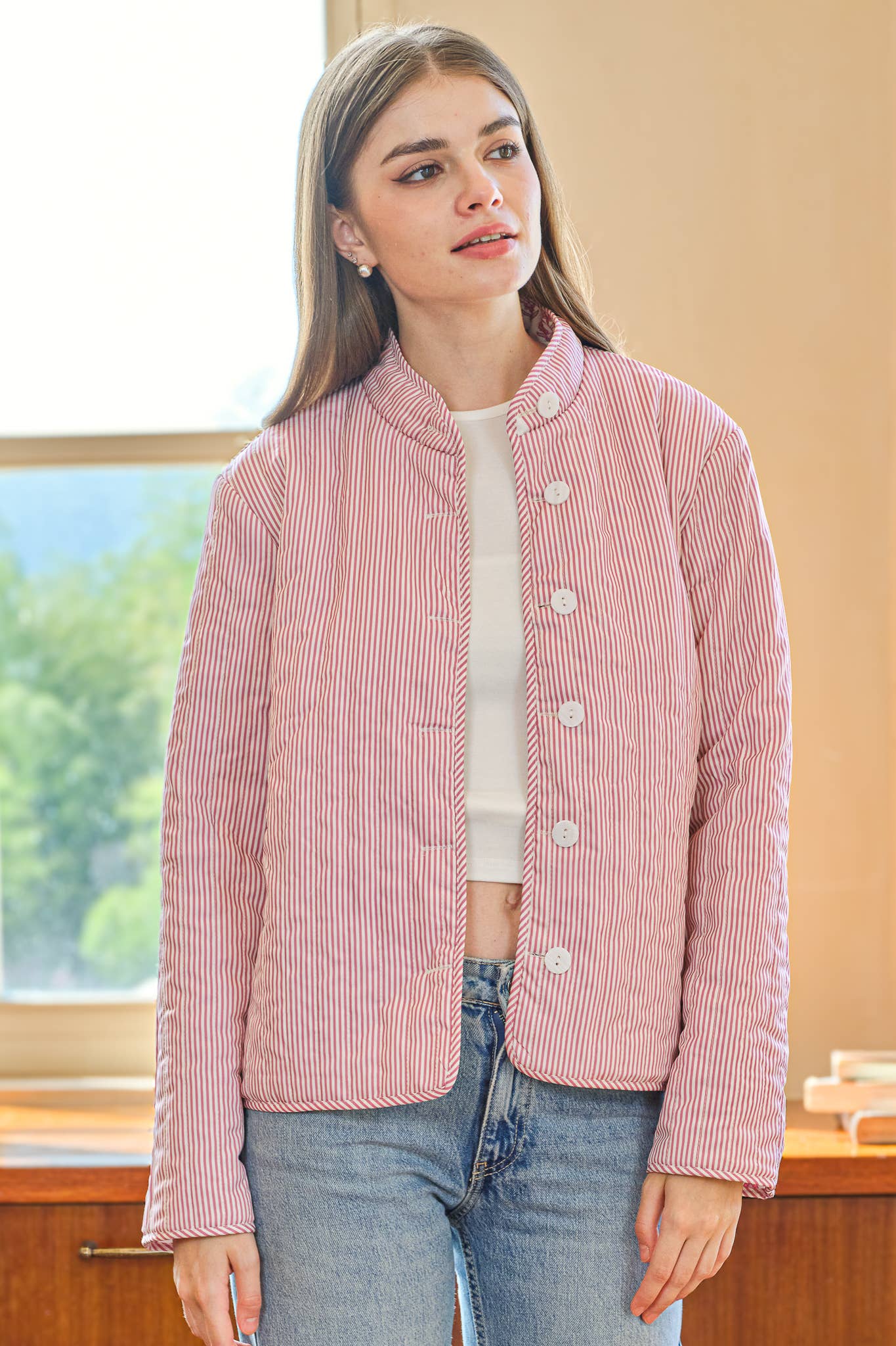 Two-in-One Reversible Floral and Stripe Quilte Jacket