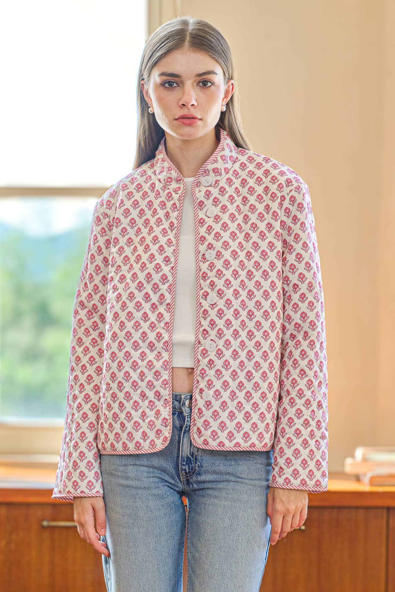 Two-in-One Reversible Floral and Stripe Quilte Jacket