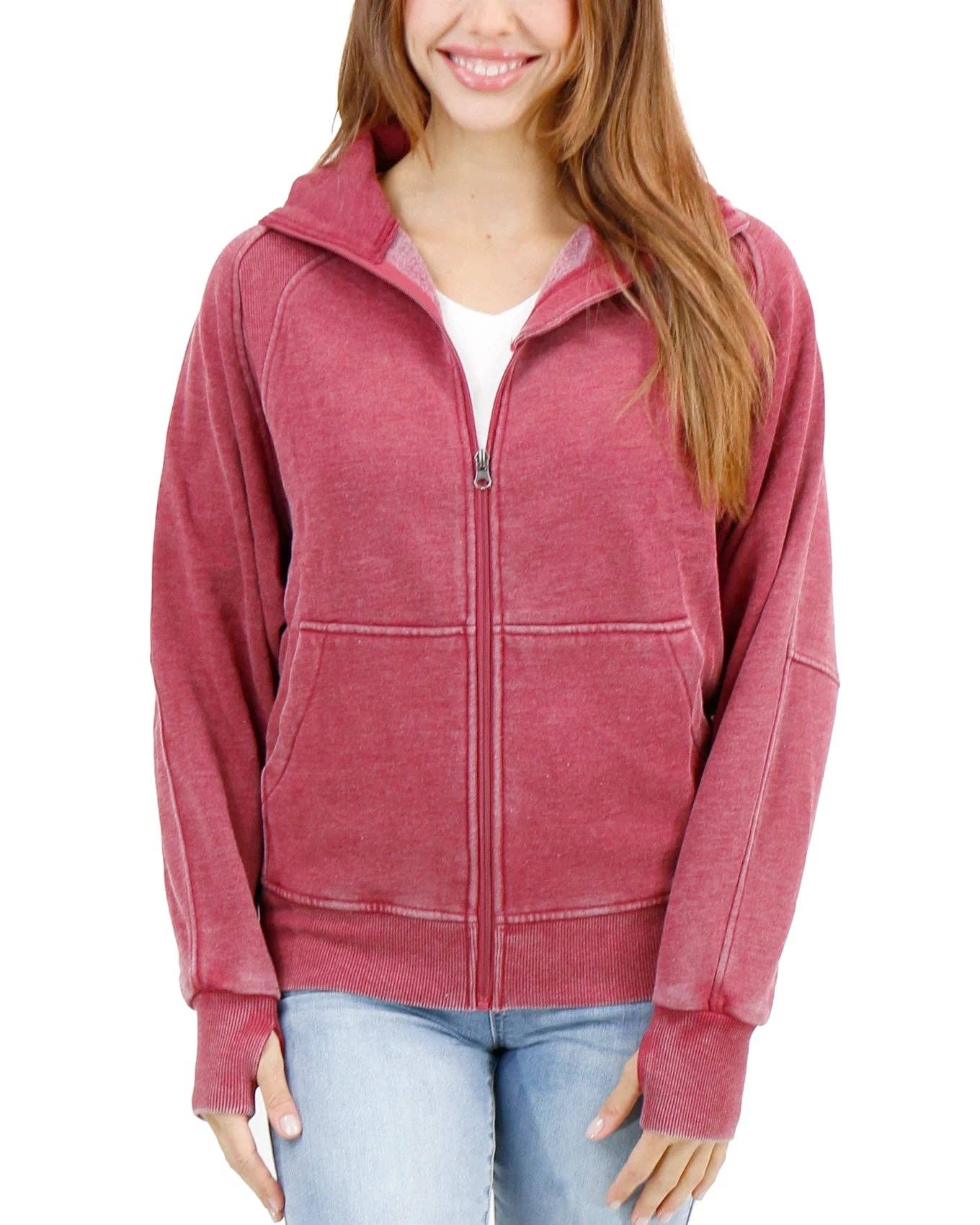 Vintage Washed Zip Up Sweatshirt in Washed Red