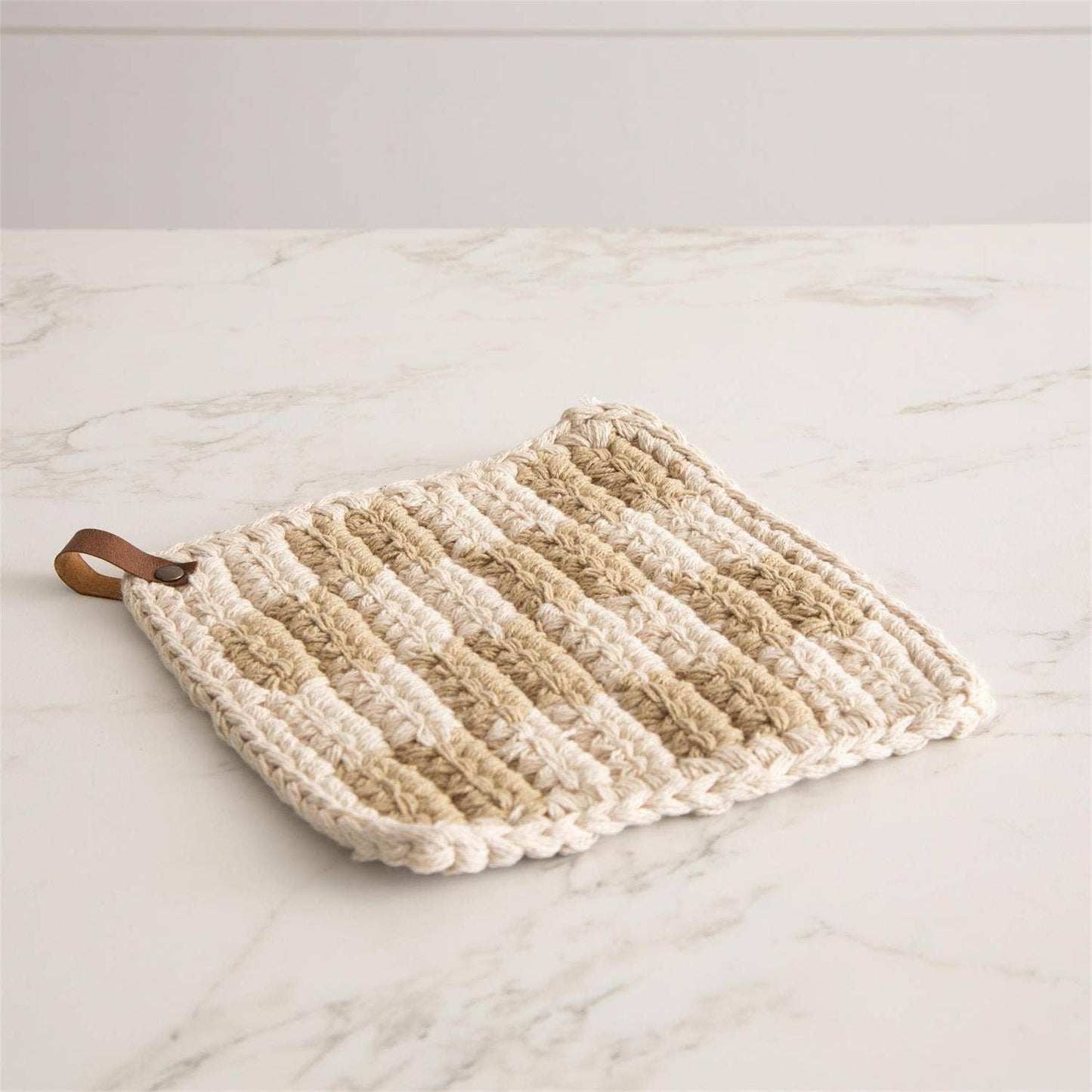 Knitted Pot Holder - Tan And Cream  Checked