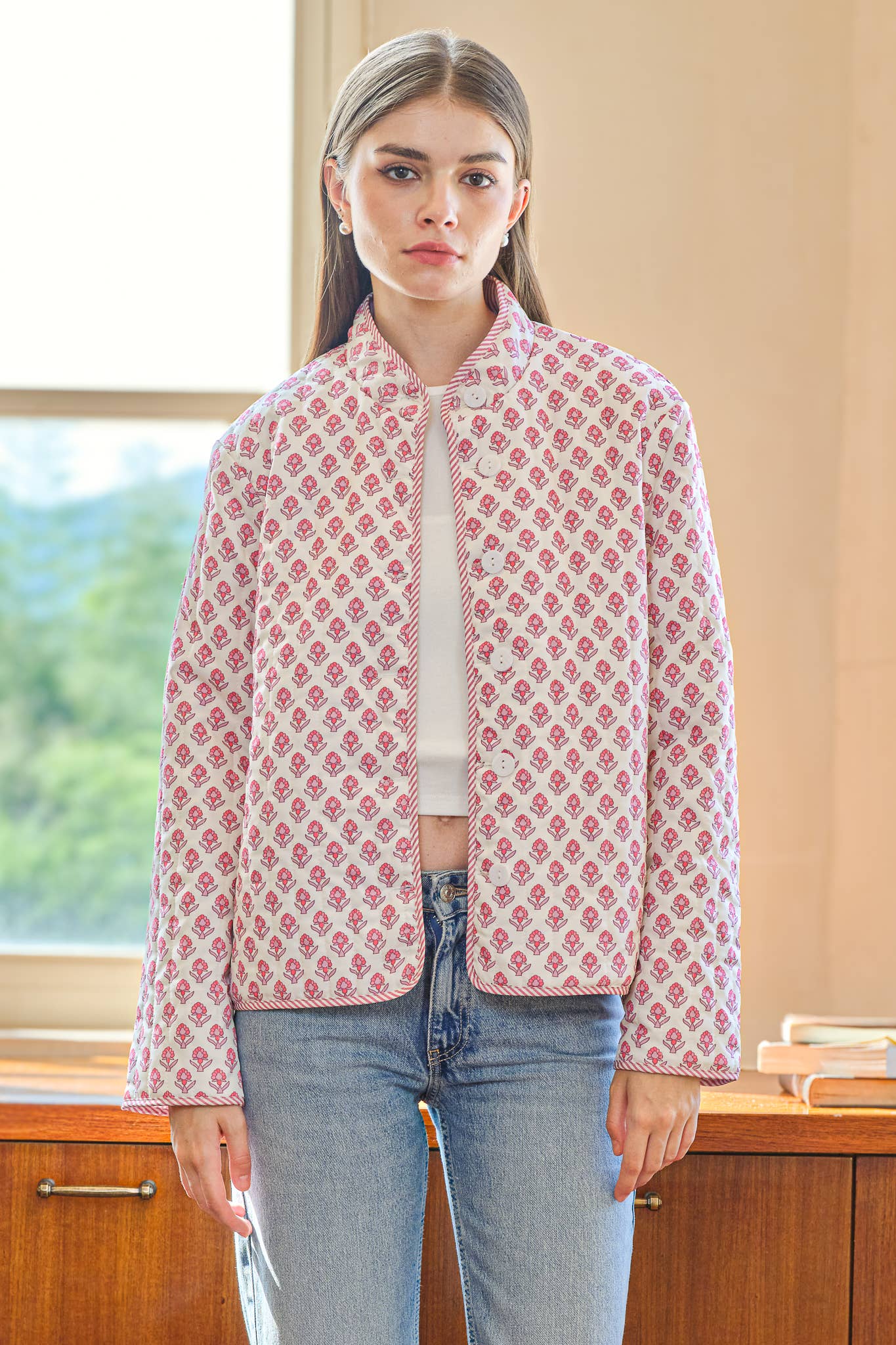 Two-in-One Reversible Floral and Stripe Quilte Jacket