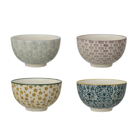 4-1/2" Round x 2-1/2"H Hand-Stamped Stoneware Bowl w/ Pattern, Multi Color